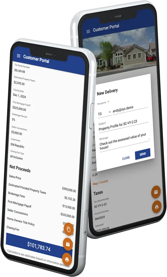 Customer portal for net proceeds calculator and property profiles.
